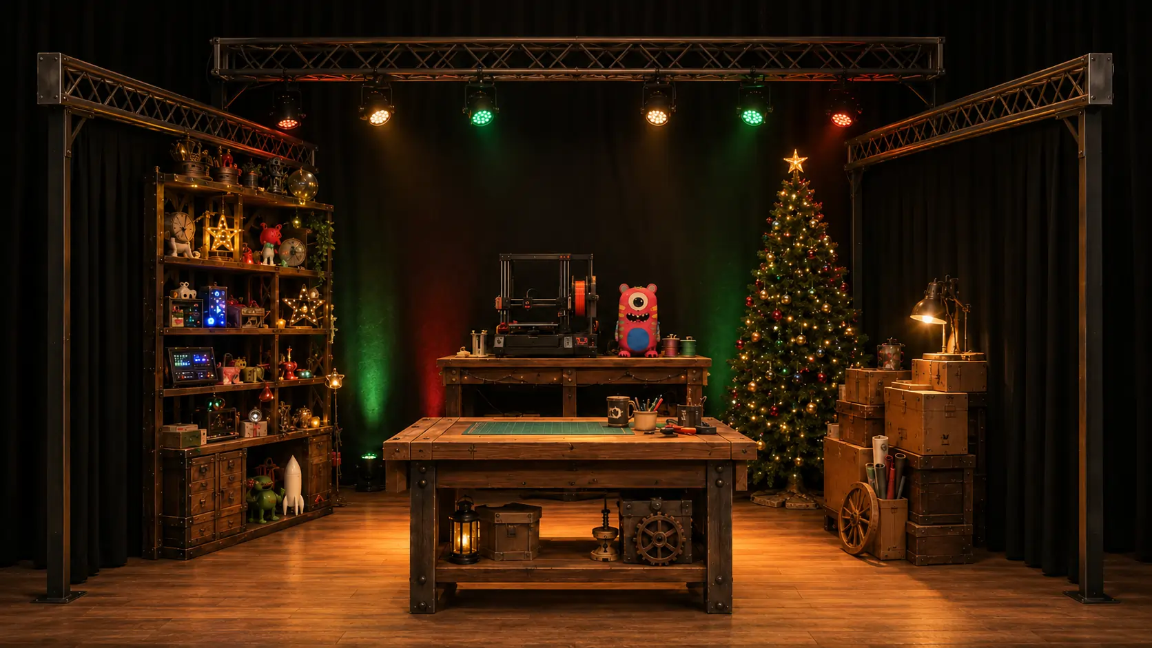 Spectacle magie DIY Arras L’Atelier Magique avec décor d’atelier, impression 3D, électronique et ambiance de fabrication
